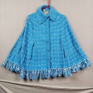 Vintage Poncho Cape BANFF LTD. Sweater Bee Fringe Blue White Women's Medium